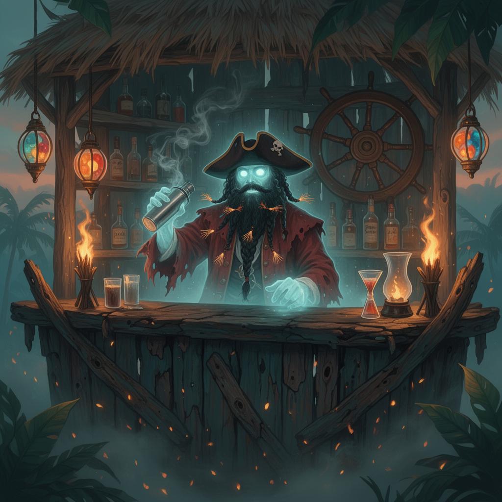 The ghost of Blackbeard the pirate behind a tiki bar, shaking a cocktail with glowing eyes