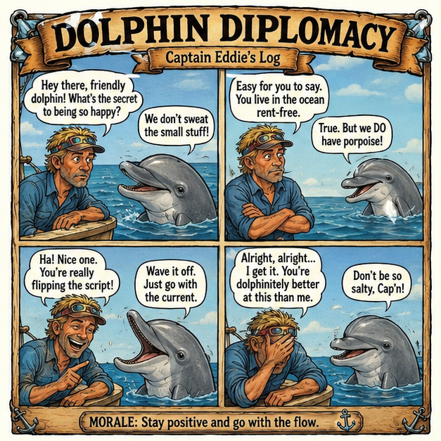 Dolphin Diplomacy — a Captain Eddie comic strip