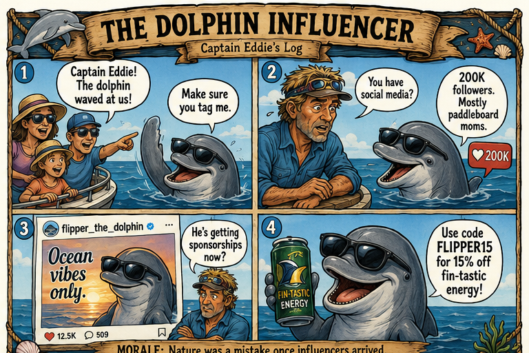 The Dolphin Influencer — a Captain Eddie comic strip