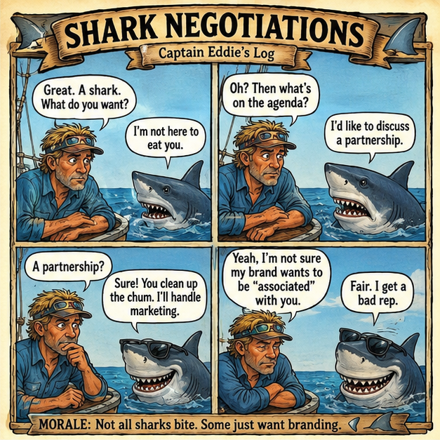 Shark Negotiations — a Captain Eddie comic strip