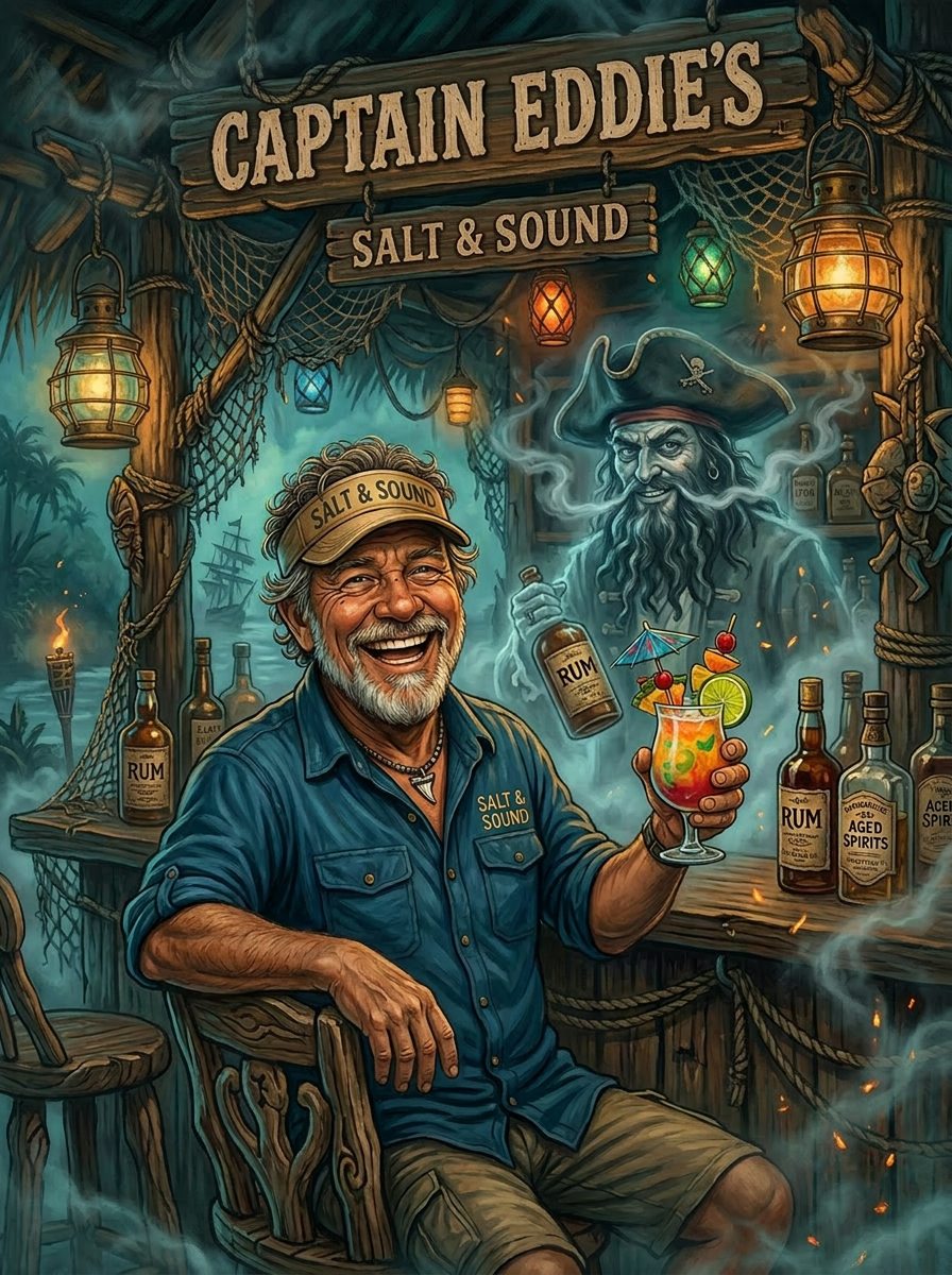 Captain Eddie raising a tropical cocktail at a misty driftwood bar tended by the translucent ghost of Blackbeard