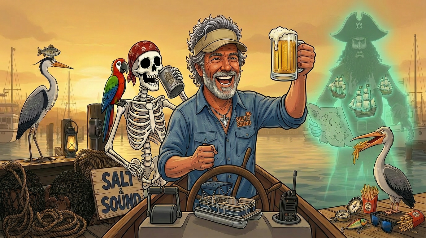 Captain Eddie, Bones the skeleton, Polly the parrot, the heron and Blackbeard's ghost at the marina